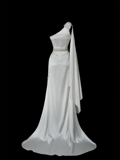 White Satin One Shoulder Gown - Embellished Evening Dress - Satin Formal Dress Long Plus Size